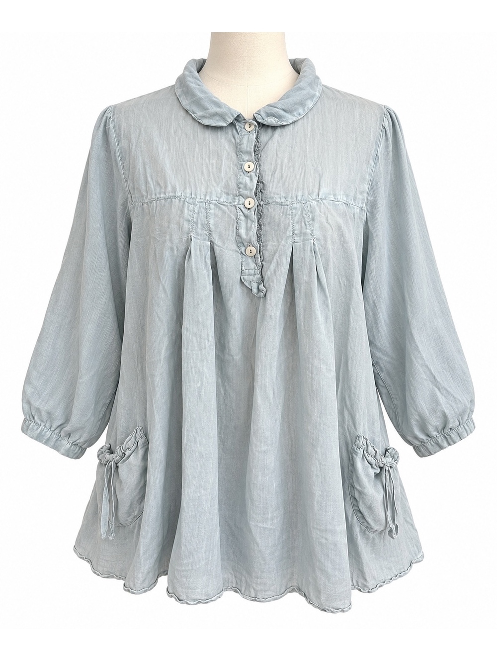 SAGA Size 3 Blue Cotton Silk Tunic Blouse Lagenlook Boho 3/4 Sleeve
